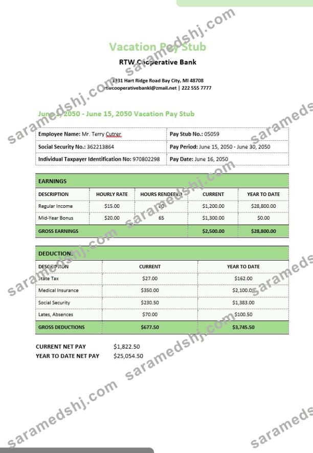 RTW Cooperative bank vacation  pay stub in PDf and Word formats